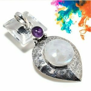 New Rainbow Moonstone and Amethyst 925 Silver Pendant.